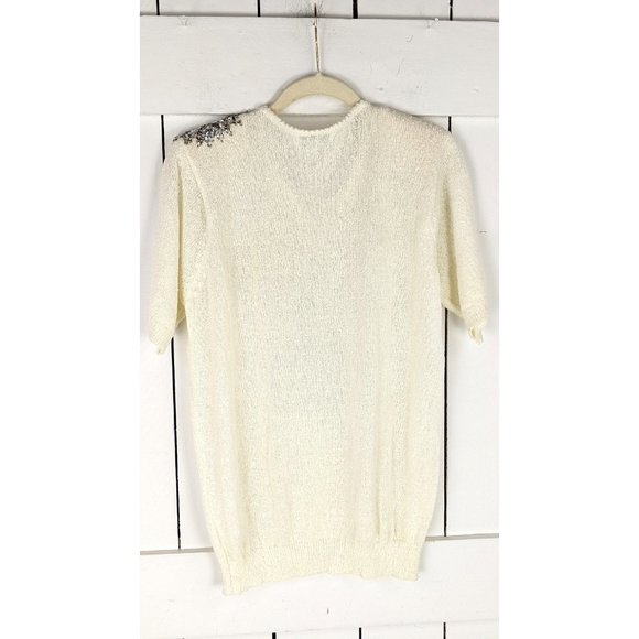 Vintage slouchy short sleeve silver sequin applique pullover sweater top - Picture 5 of 6